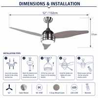 Ventilateur de plafond chromé 52 pouces avec moteur DC, 3 pales, finition grain de bois gris, lumière LED tricolore, télécommande, silencieux, contemporain, vente en gros