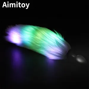 Aimitoy-estimulador de trasero y cola de zorro para mujer, juguete Anal con luz LED luminosa, Metal colorido, silicona, corto y largo