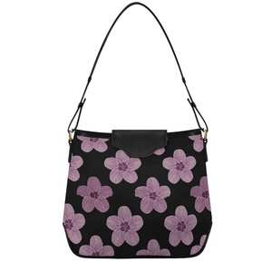 Hawaii Purple Hau <b>Flower</b> Design PU Leather Handbags <b>Single</b> Straps Tote Purses Bucket Custom Logo Women's Shoulder Bag for Ladies - Product Image 1