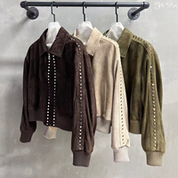 Jxwatcher Veste Bomber Femme en Daim Véritable et Peau de Mouton, avec Rivets, Fermeture Éclair, Respirante et Coupe-Vent, Collection Automne-Printemps 2026