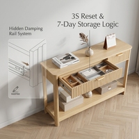 Console en bois massif encastrée avec 3 tiroirs, table d'entrée étroite contemporaine avec étagères de rangement ouvertes pour salon et hôtel