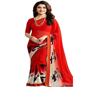 Sari de poliéster rojo con estampado digital y borde floral para mujer, ropa tradicional india para bodas, largo hasta el suelo, ajuste regular. - Product Image 1