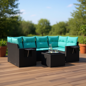 Set di divani da patio in polyrattan nero con cuscini, eleganti mobili da esterno, 7 pezzi - Product Image 2