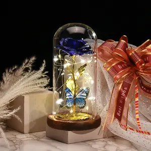 Flor rosa de lámina dorada en cubierta de vidrio regalo del Día de San Valentín flor inmortal mariposa adornos decorativos de mesa