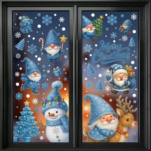 Autocollants statiques de Noël bleus pour fenêtres, flocons de neige givrés, Père Noël, sapin, autocollants en vinyle pour portes vitrées, décoration de vacances d'hiver - Product Image 4