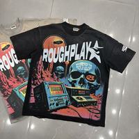 T-shirts pour hommes Rough Play, design troué, effet vieilli, imprimé crânes, col rond, manches courtes, style sport décontracté