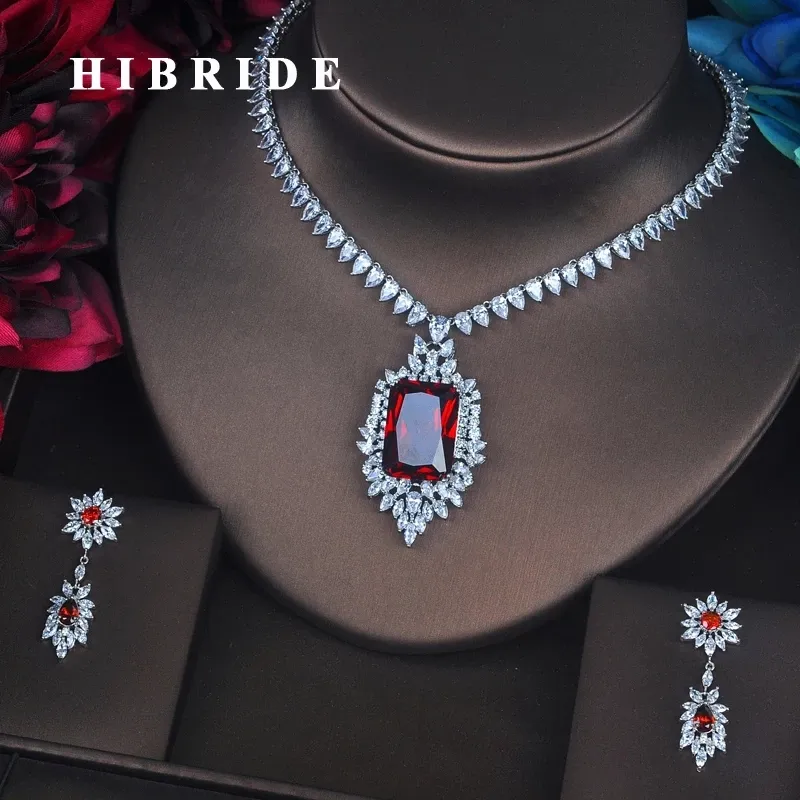 Wholesale Luxury Red Crystal CZ Stone Jewelry Sets For Women Bride Necklace Set for Wedding Dress Accessories