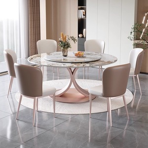 Tavolo da Pranzo Rotondo di Design con Piano in Pietra Resistente e Base in Acciaio con Finitura Oro Rosa Elettroplaccata per Arredamento Moderno - Product Image 4
