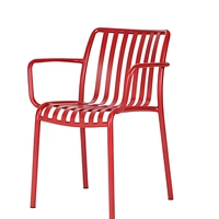 Chaise d'extérieur en aluminium rouge avec accoudoirs, chaise de jardin en métal avec assise à lattes thermolaquée pour patio, balcon, café