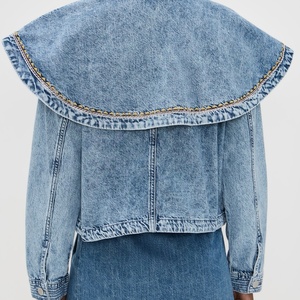 Veste en jean délavé bleu clair pour femme, style mode, printemps-automne, col brodé, ourlet court, vente en gros - Product Image 3