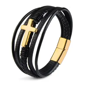 Hot Sale Men Titanium Steel Jewelry Stainless Steel Braided Multilayer Genuine Leather Bracelet