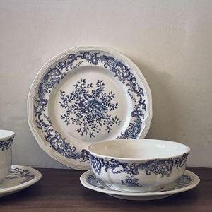 Vintage Elegant French Ceramic Dinnerware <strong>Set</strong> Embossed Blue Floral Dinner Plates Dishes <strong>Cake</strong> <strong>Stand</strong> Plate <strong>Sets</strong> - Product Image 1