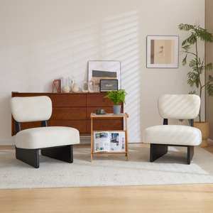 Fauteuil lounge beige moderne avec revêtement en polyester, base en bois, élégant et confortable, siège d'appoint pour salon - Product Image 2