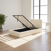 Cama de Plataforma Transversal Beige Gris con Tapizado de Tela, Tamaño Queen/King, con Almacenamiento y Sistema de Elevación a Gas