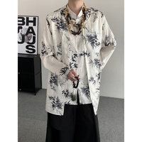 Chemise décontractée pour homme à manches longues, col montant, imprimé bambou style chinois, ample et respirante pour le quotidien
