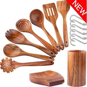 Acacia Wood Kitchenware Set 9 Pieces Heat Resistant Cooking Utensils With Holder For Home Use - Product Image 1