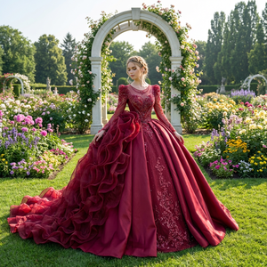 Xs245 <b>Red</b> Customizable Long Sleeves Lace-Up Keyhole Back Evening Dress Crystal Beading Luxury Dress Jancember - Product Image 1