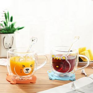 Buona vendita cartone animato animale vetro succo di latte tazza di vetro doppia parete tazza di vetro con manico - Product Image 2