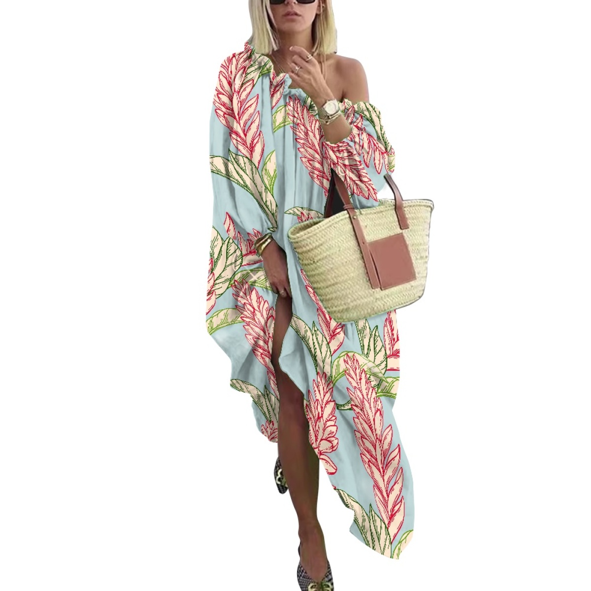 Hawaiian Off-shoulder Floor-length Dress With Heat-transfer Print & Oem