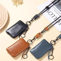 Dompet Kartu Mini dengan Ritsleting, Tali Leher Multi Warna, Dompet Koin, Gantungan Kunci Lepas Pasang, Tempat Kartu Identitas, Gantungan Kunci