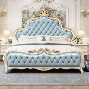 Muebles de Dormitorio Clásicos y Económicos, Estilo Europeo Moderno, Minimalista, de Lujo, Cama de Madera Maciza con Respaldo Suave y Almacenamiento - Product Image 2