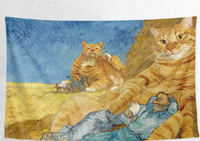 Tapisserie d'art inspirée de Van Gogh et de Monet, Chat Orange Nuit Étoilée, Récréation artistique, Décoration murale personnalisée adaptée aux animaux domestiques pour chambre à coucher