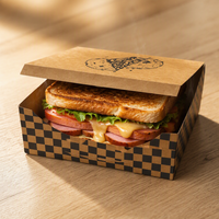 Boîte alimentaire jetable personnalisée en papier d'art biodégradable avec couvercle à rabat, idéale pour les burgers, sandwichs et plats à emporter en boutique