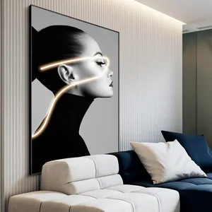 POLA Framed Large Luxury Modern Figure & Portrait Oil Canvas Painting Led Light Wall Art for Home Decor