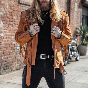Men's <b>Suede</b> <b>Leather</b> <b>Jacket</b> With Tassel Fringe Zipper Closure Moto Biker Style Autumn Wear - Product Image 4