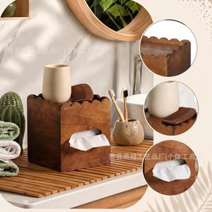 Caja de pañuelos de madera con bandeja organizadora para maquillaje y uso en el escritorio, diseño cuadrado de madera maciza - Product Image 4