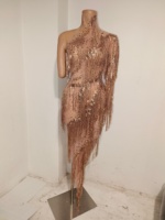 Robe de soirée asymétrique à paillettes dorées et strass, tenue de spectacle pour femme, robe de danseuse, tenue de festival, robe de soirée en club