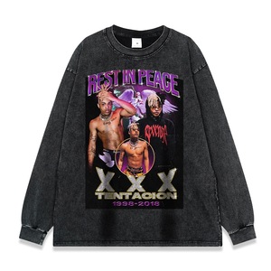 T-shirt da Uomo con Stampa Serie Hip Hop <span class=keywords><strong>Rap</strong></span>, Lavaggio Pesante Effetto Vintage, Manica Lunga, Vestibilità Ampia - Product Image 2