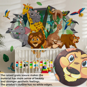 Autocollants <span class=keywords><strong>muraux</strong></span> autocollants pour <span class=keywords><strong>chambre</strong></span> à coucher, effet déchiré simulé de dessin animé, <span class=keywords><strong>jungle</strong></span>, lion, éléphant - Product Image 6