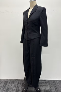 Ensemble <span class=keywords><strong>tailleur</strong></span> <span class=keywords><strong>pantalon</strong></span> 2 pièces pour femme, blazer noir à revers cranté et boutons, avec <span class=keywords><strong>pantalon</strong></span> large à jambes longues - Product Image 3