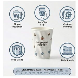 Vaso de Papel Impreso con Pared Ondulada de 9oz/270ml, Grado Alimenticio, Personalizable, Compostable, Reciclable, Ecológico, para Café y Catering - Product Image 1