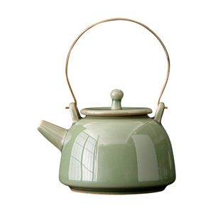 Tetera de cerámica con asa de bambú, esmalte verde, hervidor de porcelana para preparar té Kung Fu - Product Image 5