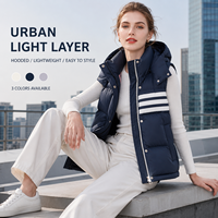 Gilet polyvalent sans manches pour femme, 90 % duvet de canard blanc, court, à capuche, avec poches rayées, idéal pour le style campus et urbain, vente au détail