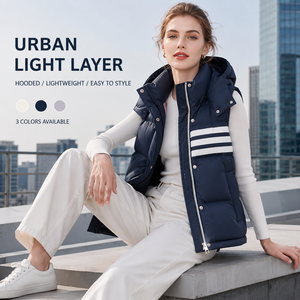 Versatile <strong>Women's</strong> Sleeveless <strong>Gilet</strong> 90% White Duck Down Short <strong>Hooded</strong> Vest <strong>with</strong> Striped Pockets for Campus Street Styling Retail - Product Image 1