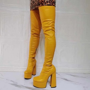 Super High Heel Platform <b>Boots</b> Yellow Round Toe Thick Sole High Chunky Heel Fashion Women Over Knee <b>Boots</b> Big Size 47 - Product Image 2