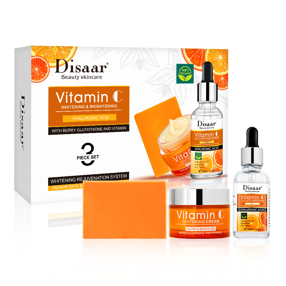 Disaar vitamina C prodotti per la cura della pelle acido ialuronico 3 in1 Set di sapone crema per il viso siero Set di vitamina C prodotto per lo sbiancamento della pelle