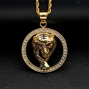 Hip Hop Stainless Steel Round Pendant Necklace Zircon tiger Pendant Necklace - Product Image 5