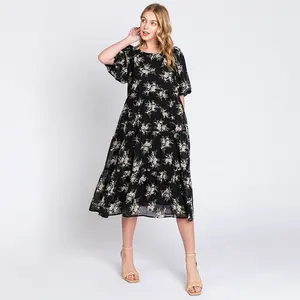 Summer Poly Multiple Color Customized Middle Sleeves Long Length Chiffon Printed Floral Dresses Women