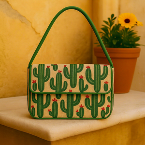 Bolso de Mano de Lona de Poliéster Bordado a Mano, Forma Rectangular, Diseño de Cactus, Asa Verde, Lavable, Artesanía Textil - Product Image 1