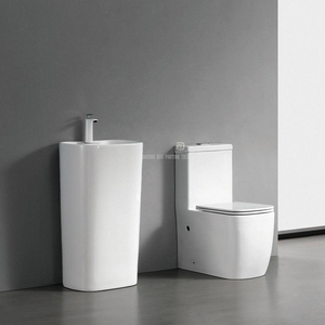 Ensemble de toilettes et lavabo sur pied en céramique moderne blanc, à chasse d'eau directe, à poser au sol, WC carré - Product Image 2