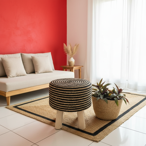 Taburete Otomano Moderno de 2 Piezas, Redondo, Hecho a Mano con Yute y Algodón Negro Trenzado, Base de Madera, Móvil, para Decoración de Bodas - Product Image 3