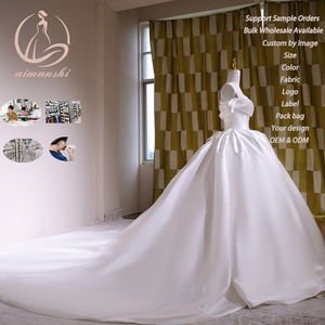 Robe de mariée grande taille coupe trapèze, épaules dénudées, en satin, avec bordure perlée, style princesse, traîne chapelle, personnalisable, pour mère de la mariée, fleurs, vente en gros - Product Image 2