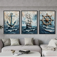 Ensemble de 3 tableaux muraux sur toile, thème nautique : bateau à voile, gouvernail et ancre, prêt à accrocher