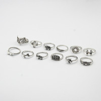 Ensemble de bagues vintage en argent, forme de disque, feuilles, renard, éléphant, cactus, hirondelle, 12 pièces, alliage, pour femme