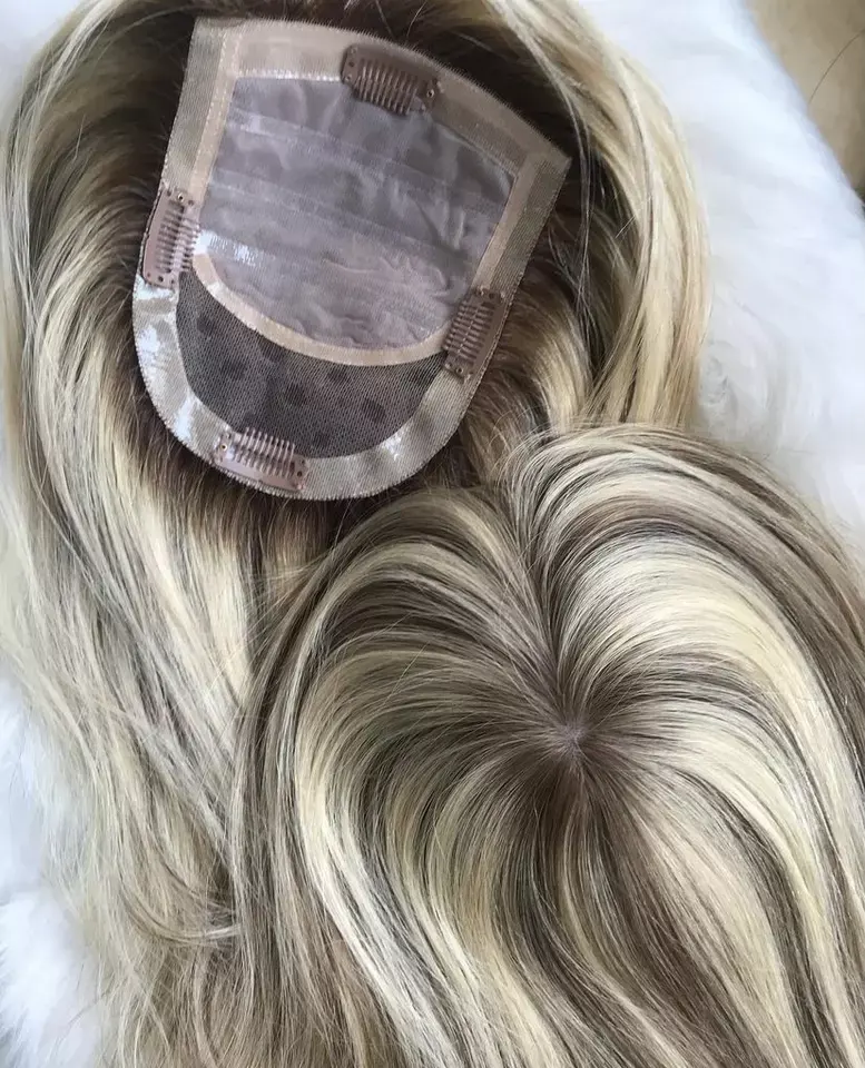 Sarışın Balayage 100% avrupa işlenmemiş insan saçı nefes ipek taban dantel pu topper beyaz kadınlar için