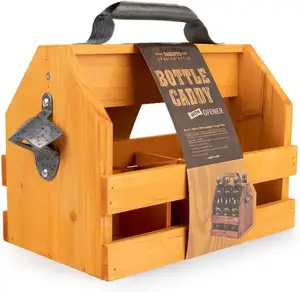 202405 build in a Removable Middle Divider caddy carrier Metal Bottle Opener Wooden 6-Bottle Caddy with Bottle Opener